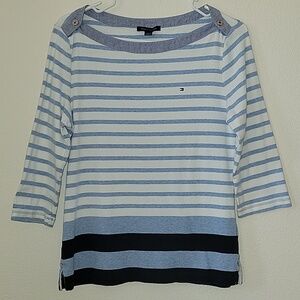 Tommy Hilfiger Slim 3/4 Sleeve Boatneck Striped T-Shirt, L, Skywhite, EUC